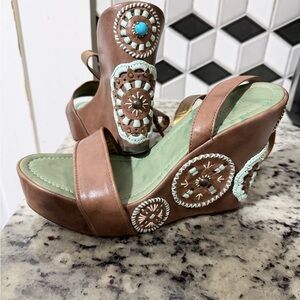 BCBGMaxAzria Brown Wedge Sandals with Mint Accents